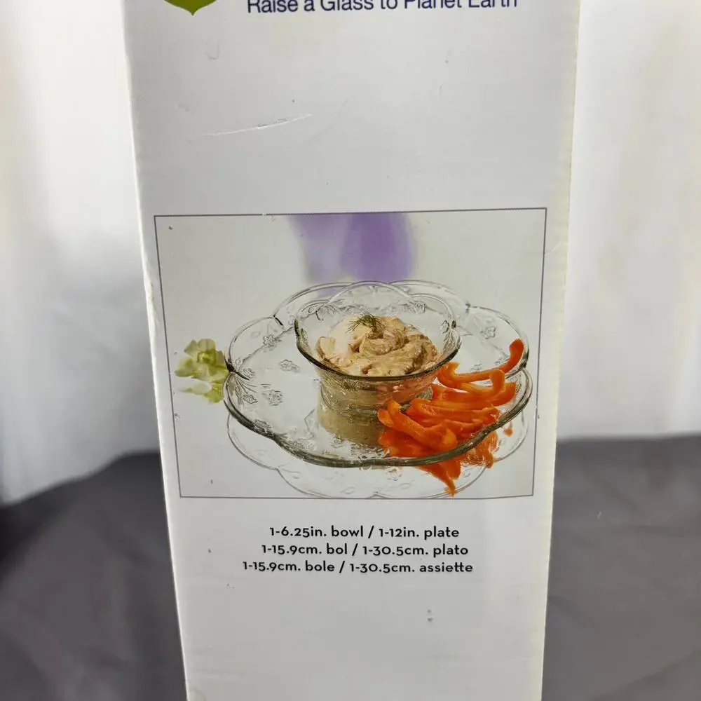 Floral Patterned Chip and Dip Set by Anchor Hocking Savannah Clear Glass 2 pcs